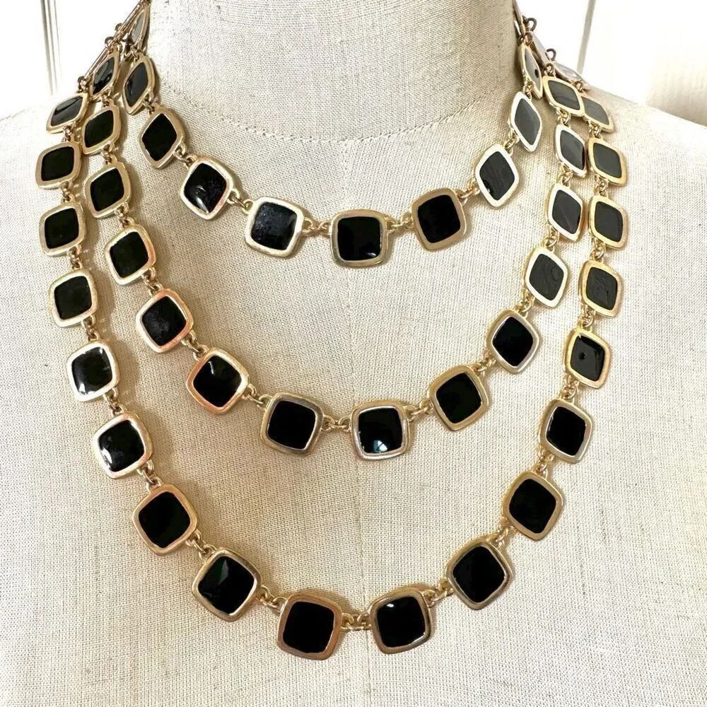 Black and gold tone square multi strand necklace